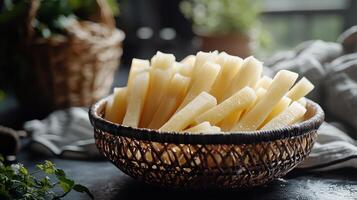 Basket filled with cassava sticks in a rustic kitchen setting photo