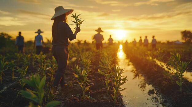 A group of people in a field with plants photo