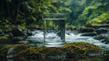 A glass of water sits on a rock in front of a river photo