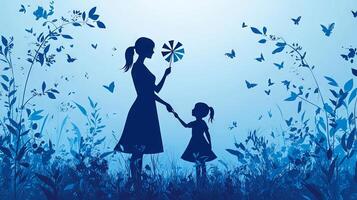 Mother and daughter in the meadow with butterflies photo