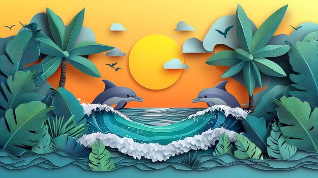 Dolphins in the ocean with palm trees and sun photo
