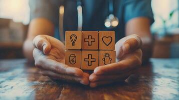 A person holding wooden blocks with icons on them photo
