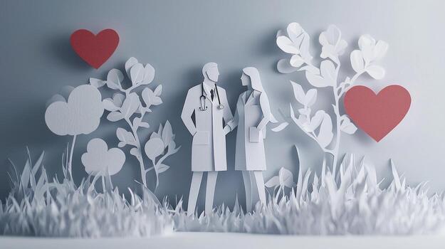 Paper cut of a couple standing in front of a heart photo