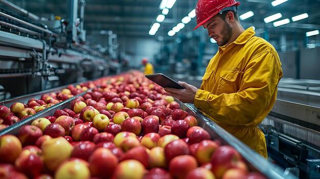 Food processing worker inspecting apples on a conveyor belt photo