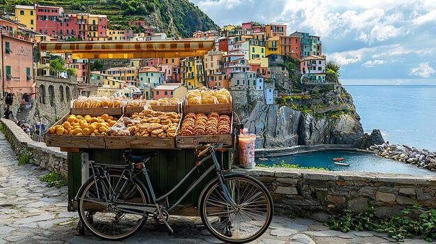 A bicycle with a basket of bread on it photo