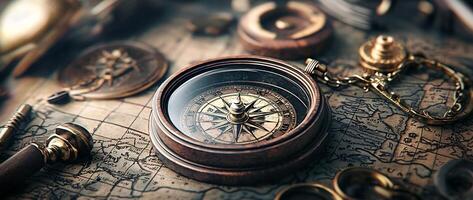 Antique Compass Resting on a Weathered Surface Symbolizing and Adventure photo