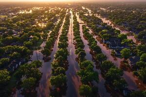 Aerial view of a flooded suburban landscape after heavy rainfall photo