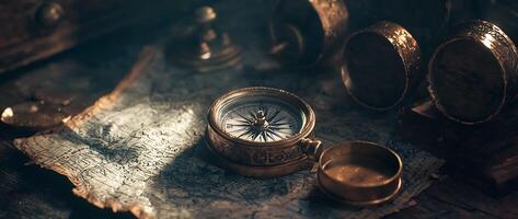 Antique Compass Resting on a Weathered Surface for Retro Adventure Concept photo