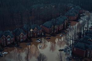 Aerial View of Flooded Suburban Neighborhood After Severe Storm Disaster photo