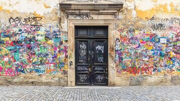 Vibrant Urban Graffiti Wall with Colorful Abstract Patterns and Designs photo