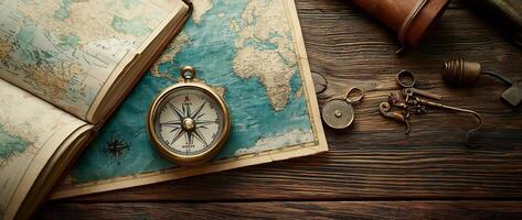 Antique Compass Resting on Wooden Surface Symbolizing Navigation and photo