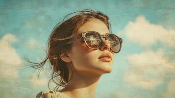 Elegant Woman in Sunglasses Embracing the Outdoor Breeze with Joyful Expression photo