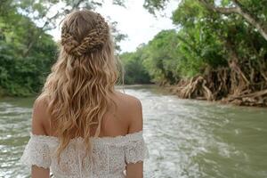 Elegant Woman Enjoying Peaceful Riverside Scenery in Lush Natural Environment photo