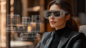 Futuristic Woman Wearing Transparent Virtual Reality Glasses in Studio Setting photo