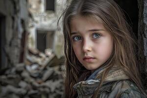 Thoughtful Young Girl Amid Abandoned Ruins Conveying Hardship and Vulnerability photo