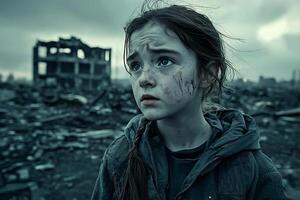 Haunting Portrait of a Resilient Youth Amidst the Ruins of a Devastated City photo