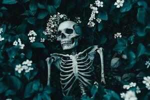 Ghostly Skeleton Lurking Amidst Lush Foliage in Ominous Supernatural Atmosphere photo