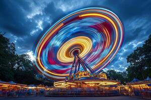Colorful Spinning Ferris Wheel at Amusement Park on Cloudy Night photo
