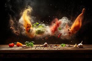 Intense Fiery Explosion with Scattered Debris and Bursting Flames on Dark Background photo