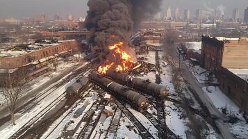 Massive Train Explosion Sparks Devastating Fire in Snowy Urban Cityscape photo