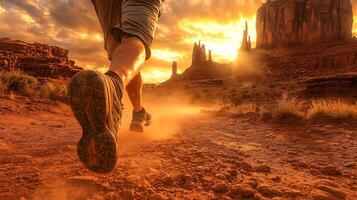 Lone Hiker Traversing Expansive Desert Landscape at Dramatic Sunset photo