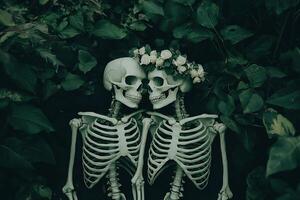 Intertwined Skeletal Figures Amid Lush Greenery Haunting Organic Nature Symbolism photo