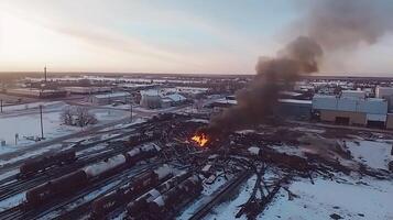Massive fire engulfs industrial facility causing destruction and chaos in the urban landscape photo