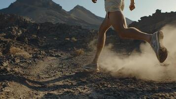 Athlete Running Across Dusty Mountain Trail in Remote Wilderness Landscape photo