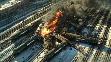 Dramatic Explosion and Fiery Disaster as Train Carrying Flammable Fuel Tank Derails and Bursts into Flames on Railway photo