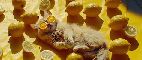 Cozy Cat Napping Amid Fresh Lemons on Textured Surface photo