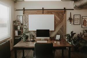 Cozy and Stylish Workspace with Wooden Desk and Laptop Computer photo