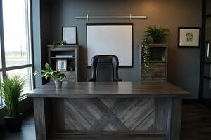 Elegant and Modern Home Office Workspace with Laptop and Decor photo