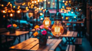 Cozy Outdoor Lighting Arrangement with Glowing Vintage Bulbs Hanging in String Lights for Intimate Cafe or Restaurant Atmosphere photo