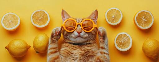 Curious Orange Tabby Cat Wearing Sunglasses Resting on Colorful Citrus Fruit Background photo