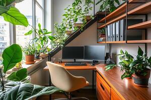 Cozy Minimalist Home Office Workstation with Potted Plants and Technology photo