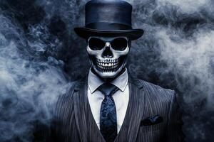 Mysterious Skull Headed Businessman in Dark Suit and Bowler Hat Shrouded in Ominous Smoke photo