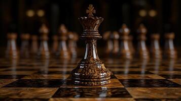 Wooden Chess Board and Pieces on a Reflective Tabletop photo