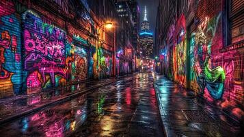 Neon Lit Alleyway with Vibrant Graffiti and Reflections in the Rain at Night in the City photo