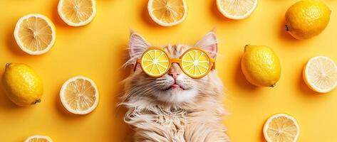 Playful Feline Wearing Citrus Themed Glasses on Vibrant Yellow Background photo