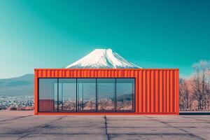 Red Shipping Container Building with Mountain View photo