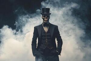 Mysterious Silhouetted Figure in Smoke and Fog Wearing Dark Coat and Top Hat photo