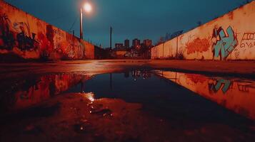 Moody urban night scene with graffiti covered walls and puddle reflection photo