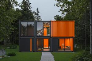 Modern Modular Container Home Set in Peaceful Forested Landscape photo