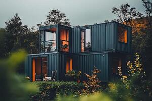 Minimalist Prefab Container House Nestled in Lush Forest Landscape photo