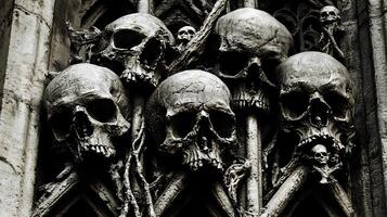 Skull Crypt Skeletal Remains in Dark Gothic Cathedral Interior photo