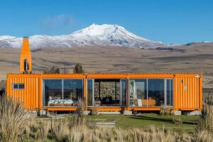 Striking Snowy Mountain Backdrop with Chic Modular Container Home photo