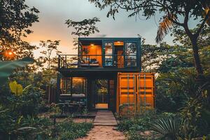 Sunset Lit Shipping Container Home Nestled in Lush Jungle Foliage and Wilderness Landscape photo