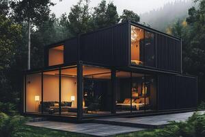 Modern Modular Container Home Surrounded by Misty Forest Landscape in Autumn Season photo