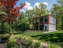 Sustainable Modern Prefab Home in Lush Green Landscape with Solar Panels photo
