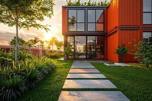 Modern Minimalist Container Home Surrounded by Lush Green Garden at Tranquil Sunset photo